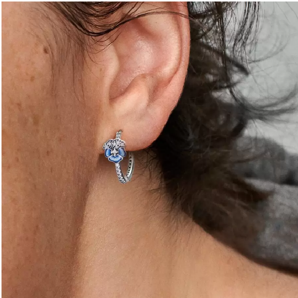 Blue Pansy Flower Hoop Earrings