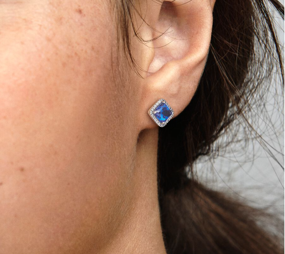 Blue Square Sparkle Halo Stud Earrings