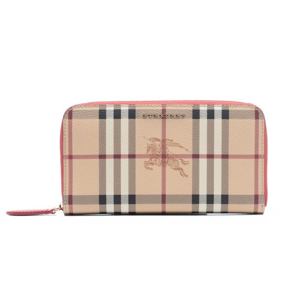 BURBERRY VINTAGE HACKBERRY CHECK LEATHER ZIPAROUND LONG WALLET IN CORAL RED - Galleria di Lux Canada